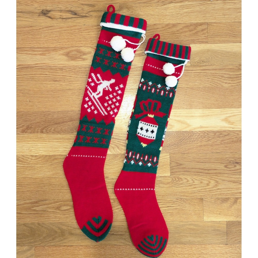 2 Vintage Knit Christmas Stocking Skier Ornament 2ft Long Red Green White PomPom